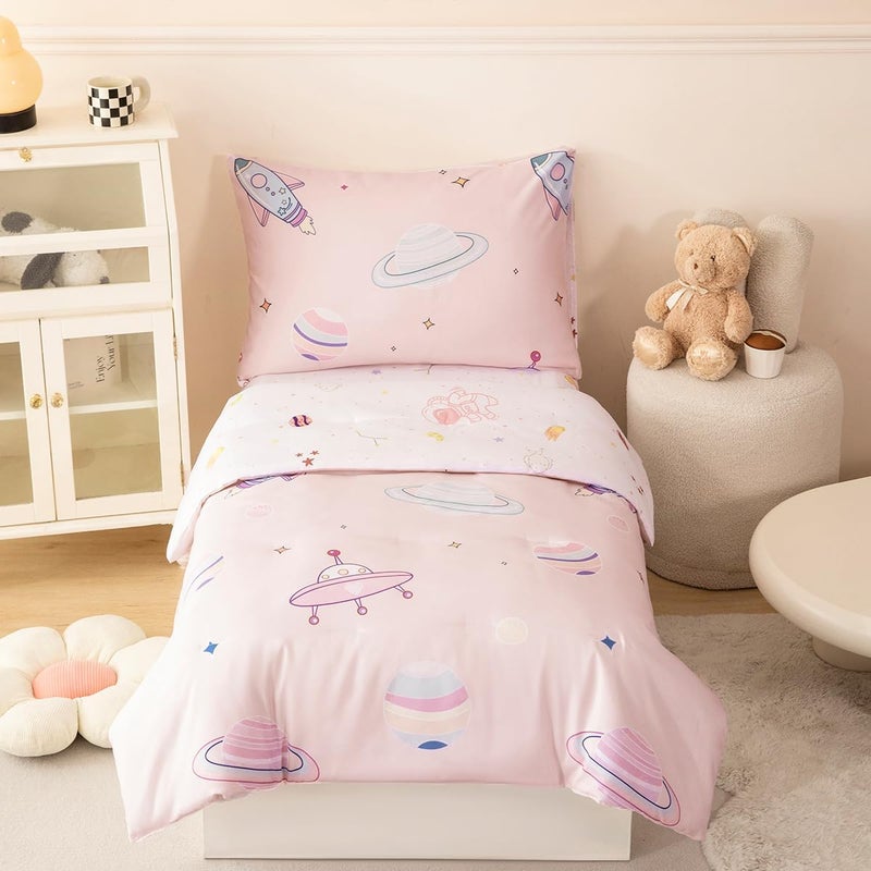 PERFEMET 4 Piece Toddler Girl Bedding Set Space Theme Pink Toddler Bed Set with Sheets Soft Reversible Astronaut Planets Crib Bed Comforter for Kids Girls - Image 1